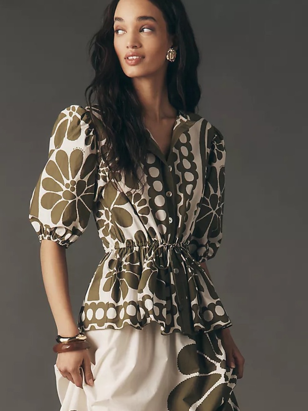 FARM Rio Green Palermo Drawstring Cinch-Waist Blouse Size Large NWT - Picture 13 of 16